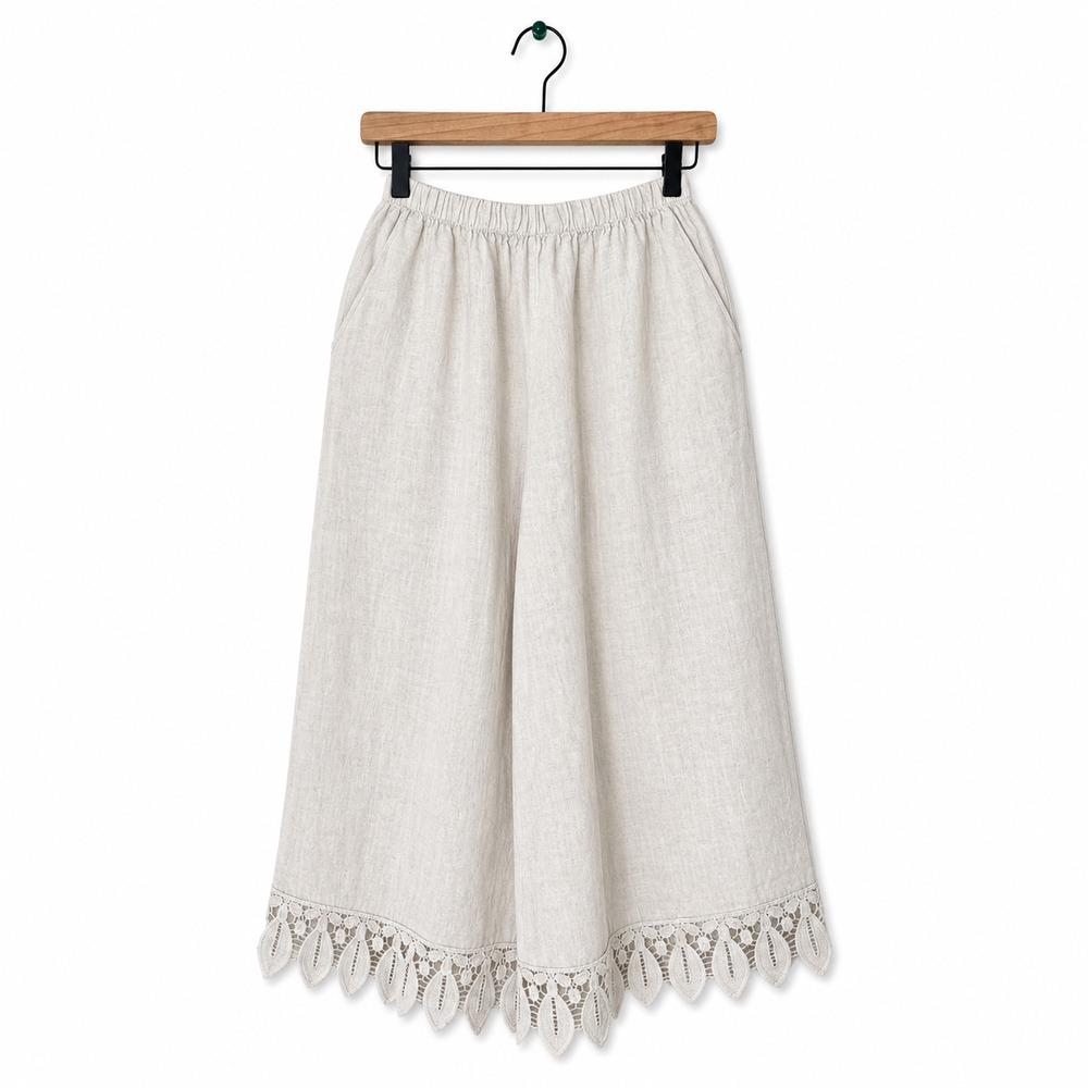 Terzo Millennio Italian Linen Wide Leg Crop Pants Lace Hem Beige Small